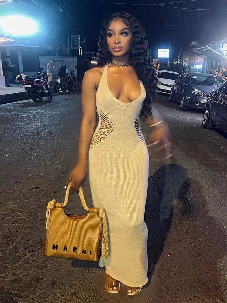 Bwq malha halter oco maxi vestido feminino rendas até sem costas cintura sexy bodycon estiramento sem mangas magro férias outfit 2025