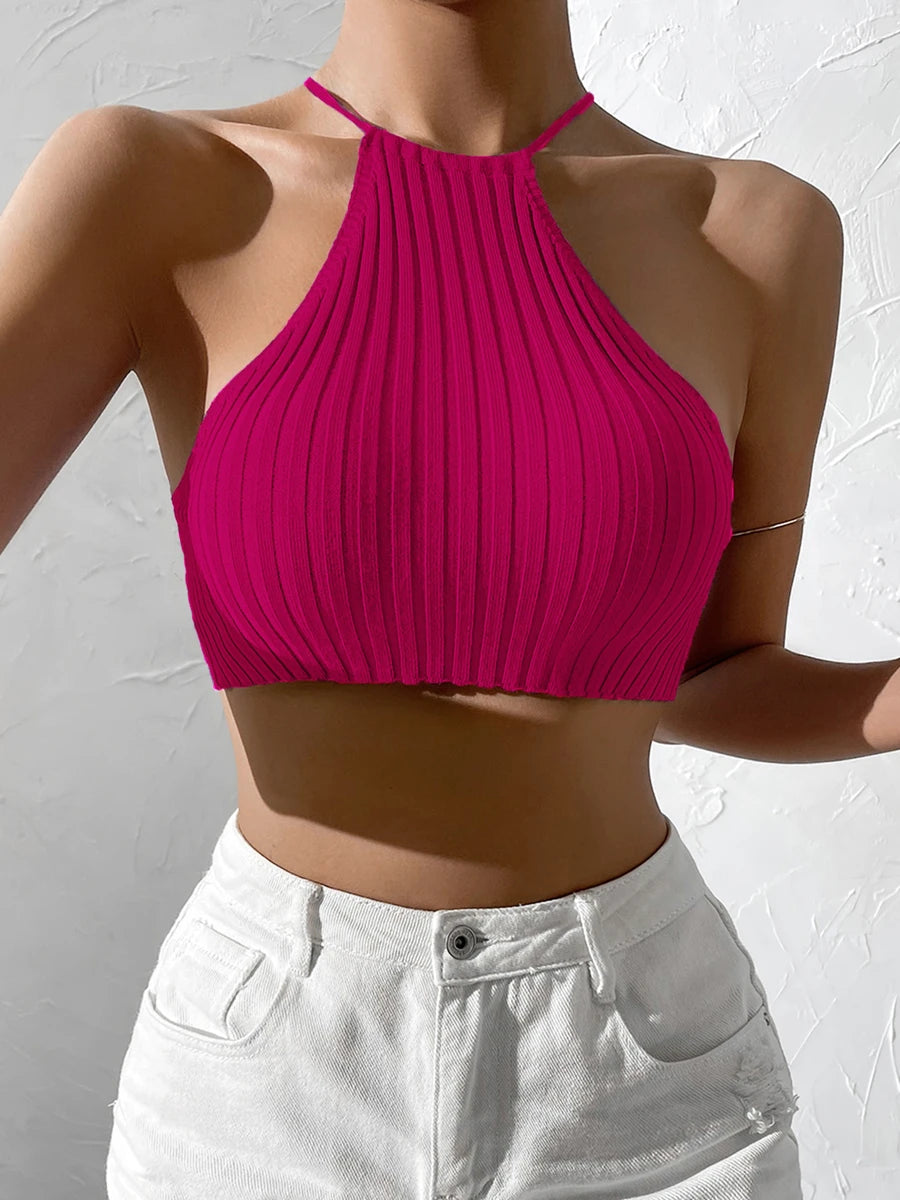 Womwen verão gravata sem costas colheita halter malha topo crossfit y2k colheita topo roupas femme sexy casual cordão recortado praia tanque