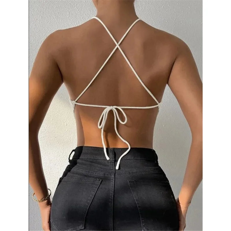 Mulheres sexy sem costas rendas até halter malha regata roupas femininas temperamento verão nova moda bandeau camisola