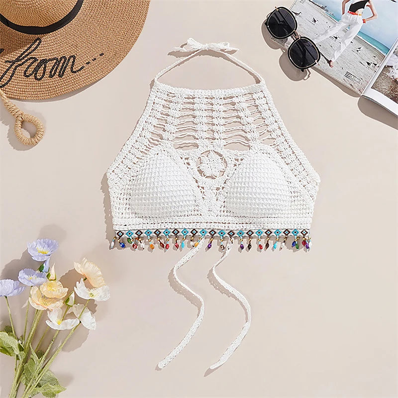 Estilo étnico boêmio Sexy malha Backless Curto Top feminino, Leve Crochet Hem Halter Bras, Escavar o Bustier, Crochê