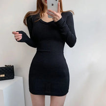 Coreano primavera 2025 com decote em v com nervuras bodycon saia apertada emagrecimento vestido de manga longa moda feminina mini vestido comprimento de manga cheia