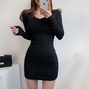 Coreano primavera 2025 com decote em v com nervuras bodycon saia apertada emagrecimento vestido de manga longa moda feminina mini vestido comprimento de manga cheia