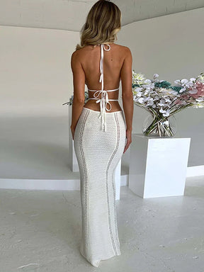 Bwq malha rendas até halter midi vestido feminino bodycon sexy streetwear festa clube outfits praia crochê vestido longo outono inverno