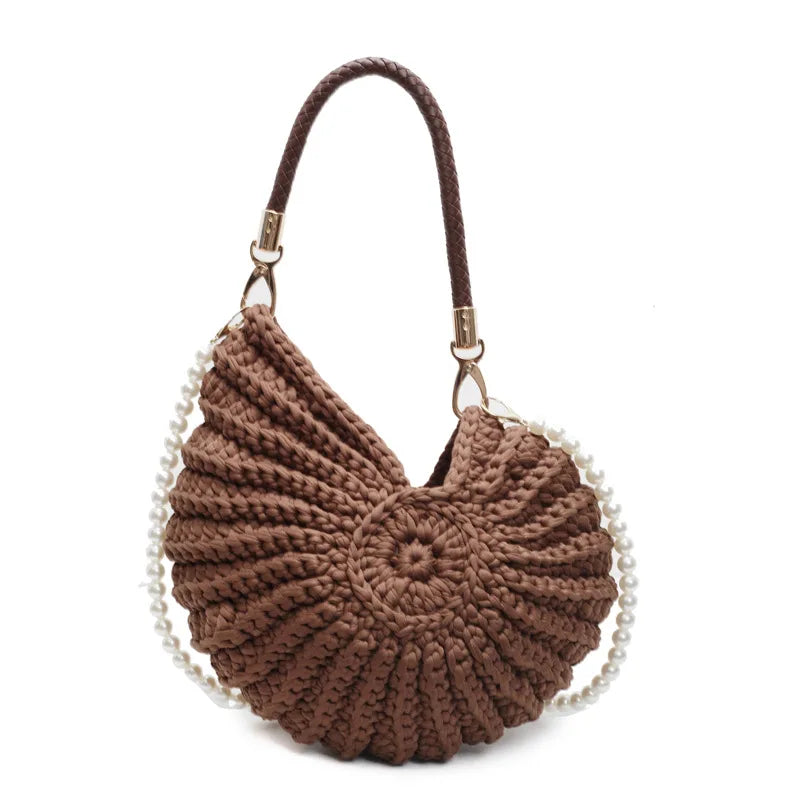 Criativo concha em forma de crochê feminino ombro sacos engraçado bonito pérolas correntes artesanal tecer crossbody saco novidade pequenas bolsas