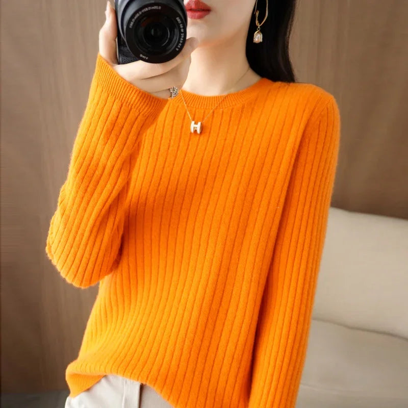 2025 mulheres suéteres outono inverno manga longa pullovers o pescoço listra quente pulôver coreano moda camisas de fundo solto jumper