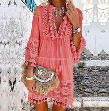 Nova primavera bordado crochê renda boho vestido feminino elegante fora do ombro borla plissado mini vestido de verão com decote em v senhora vestido de praia