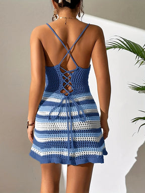 Vestido semi transparente de crochê com buraco de fechadura, frente torcida, renda, costas abertas, mini vestido de praia, saída de biquíni, roupa de férias de verão