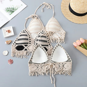 Verão malha sem curto colheita topo feminino sexy oco para fora crochê borlas bainha cabresto sutiã bustier almofadas no peito dropshipping