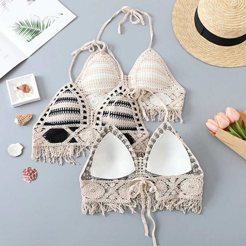 Verão malha sem curto colheita topo feminino sexy oco para fora crochê borlas bainha cabresto sutiã bustier almofadas no peito dropshipping