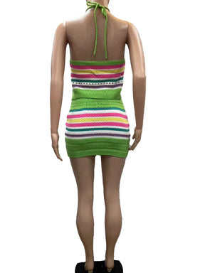 Beyprern elegante listrado malha conjunto de duas peças feminino halter rendas colheita superior + shorts combinando conjunto praia maiôs 2 peça conjunto