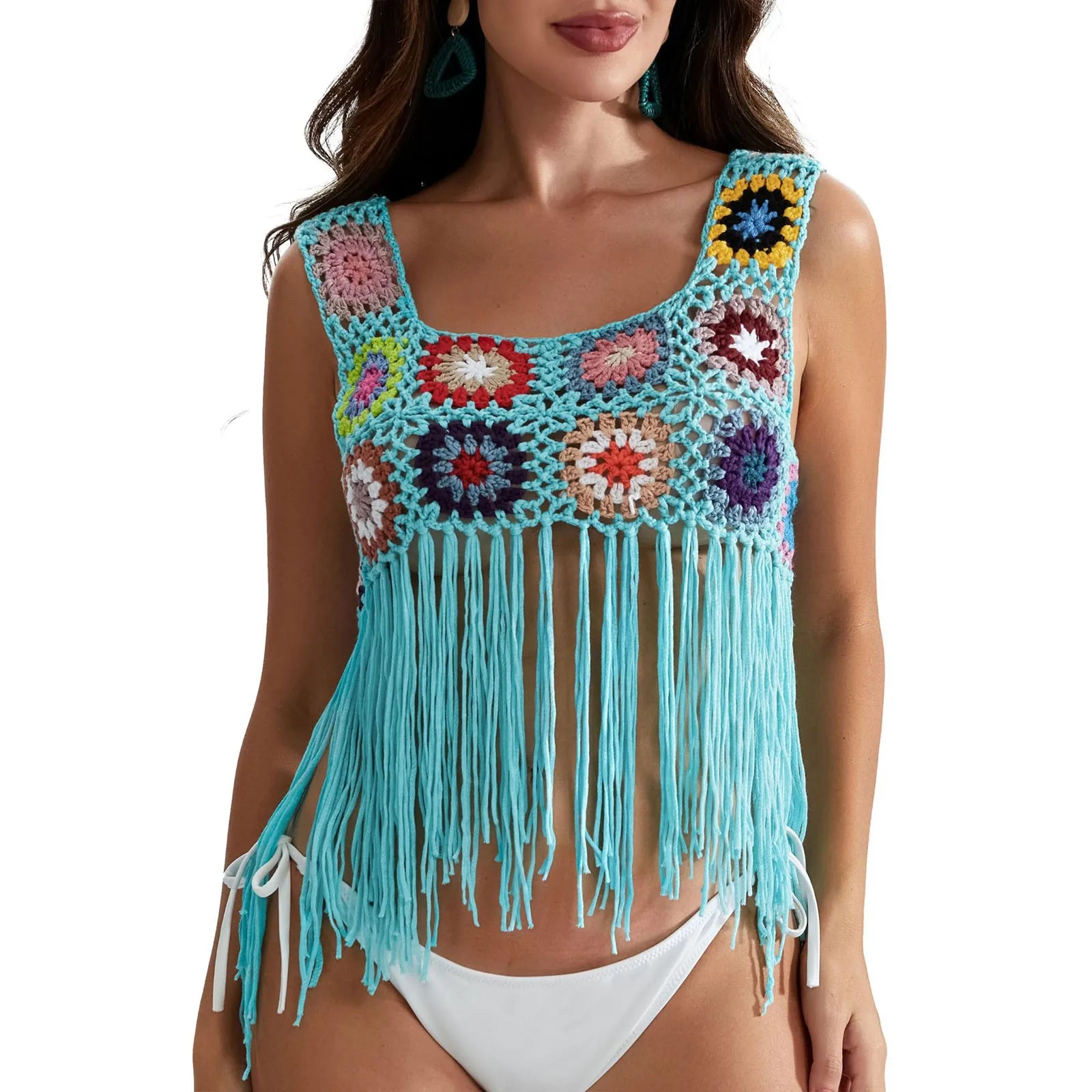 Mulheres Crochet Regata com Borlas, Cobertura de malha Ups, Bordado Floral Colorido, Camisola Boho Verão, Escavar Beachwear, Traf