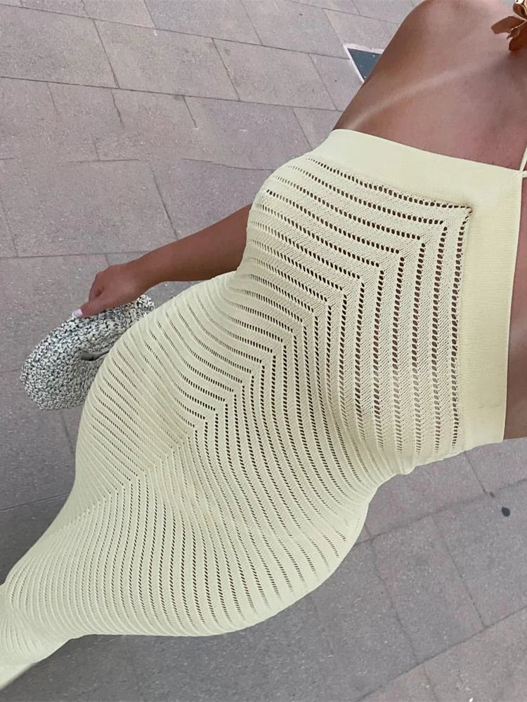 Estranho gato sexy vestido de crochê feminino férias ver através sem mangas sem costas magro estiramento praia meia-noite elegante maxi bodycon