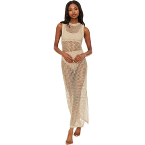 Europeu e americano feminino usar malha oco para fora o-pescoço vestido longo verão praia estilo malha fenda oco para fora bikini cover-up
