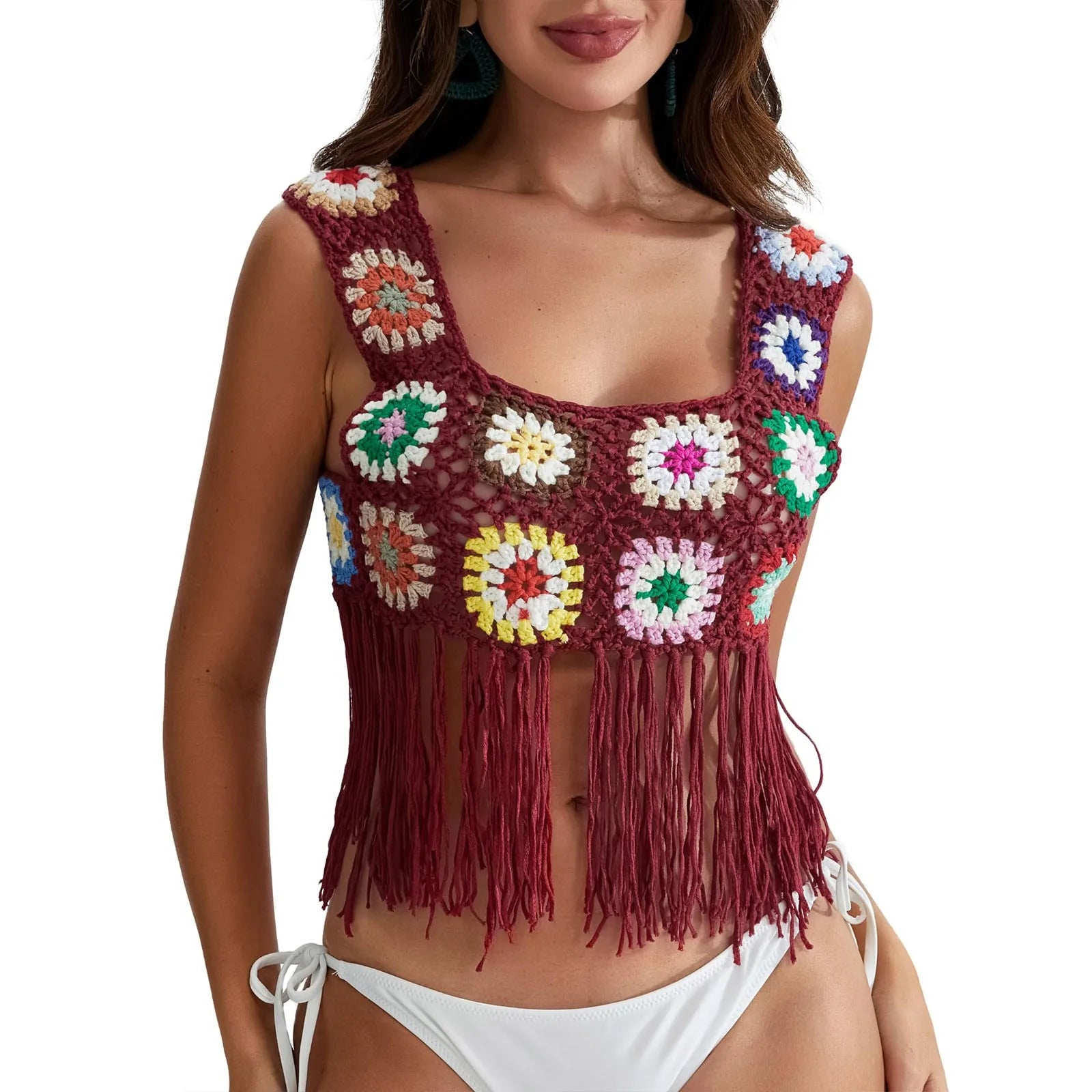 Mulheres Crochet Regata com Borlas, Cobertura de malha Ups, Bordado Floral Colorido, Camisola Boho Verão, Escavar Beachwear, Traf