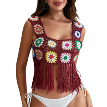 Mulheres Crochet Regata com Borlas, Cobertura de malha Ups, Bordado Floral Colorido, Camisola Boho Verão, Escavar Beachwear, Traf