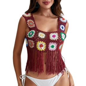 Mulheres Crochet Regata com Borlas, Cobertura de malha Ups, Bordado Floral Colorido, Camisola Boho Verão, Escavar Beachwear, Traf
