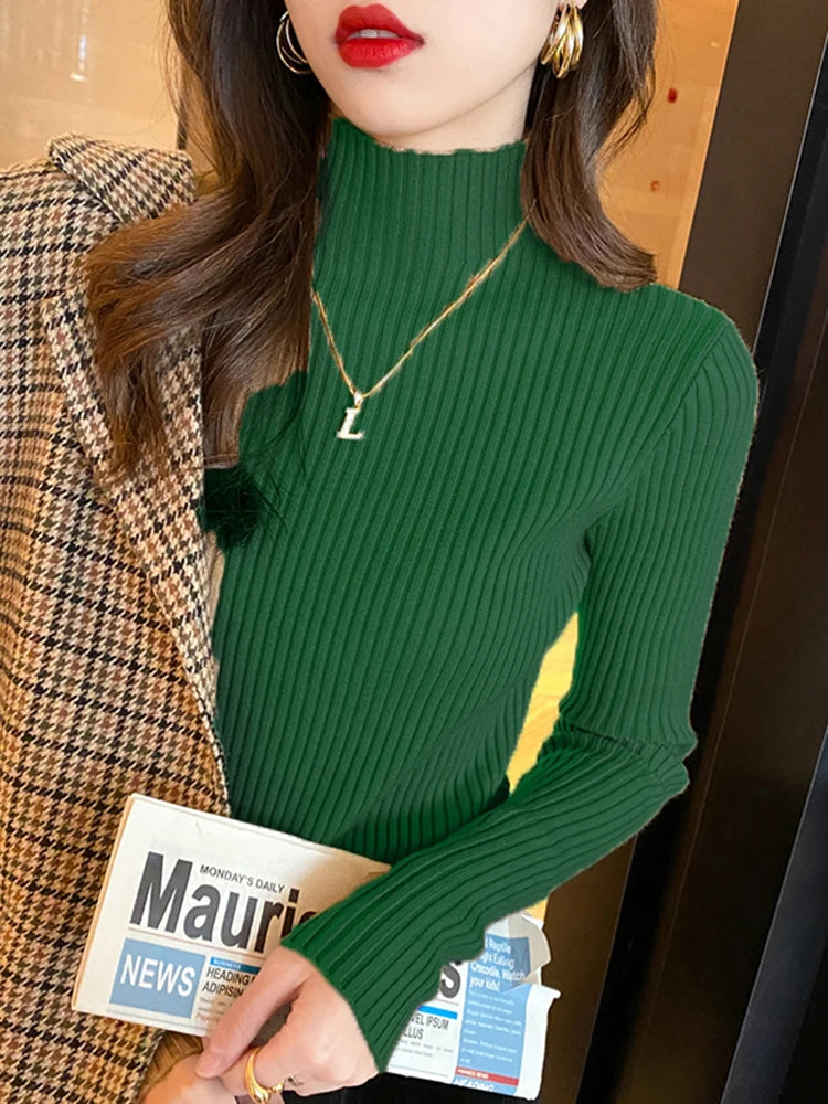 Elegante sólido básico de malha topos feminino gola alta camisola manga longa casual fino pulôver moda coreana simples roupas chiques