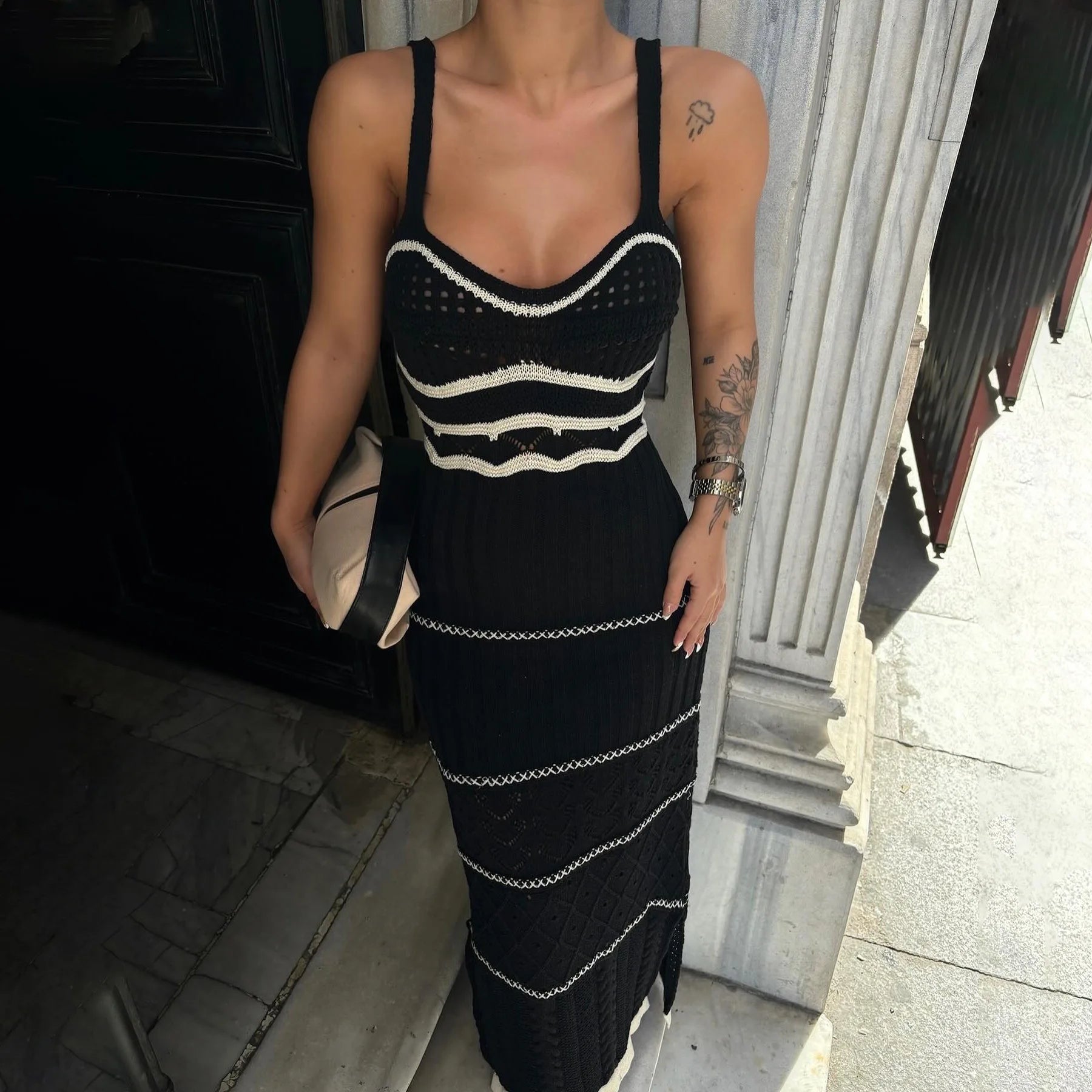 Listrado elegante malha crochê vestido feminino 2025 verão praia férias sem mangas sem costas vestidos longos femininos com decote em v vestidos sexy