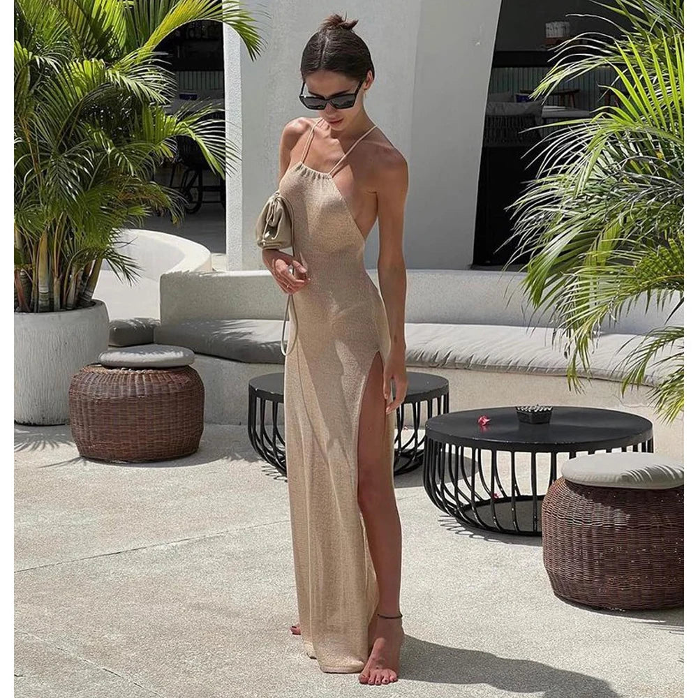 Para praia malha cobrir vestido de praia sexy ver através de fenda bodycon vestido de verão biquinis cover-ups elegante halter beachdress