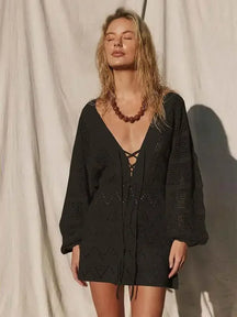 Sexy profundo decote em v rendas manga sino malha oco para fora praia mini vestido 2025 verão maiô cobrir feminino casual túnica k14