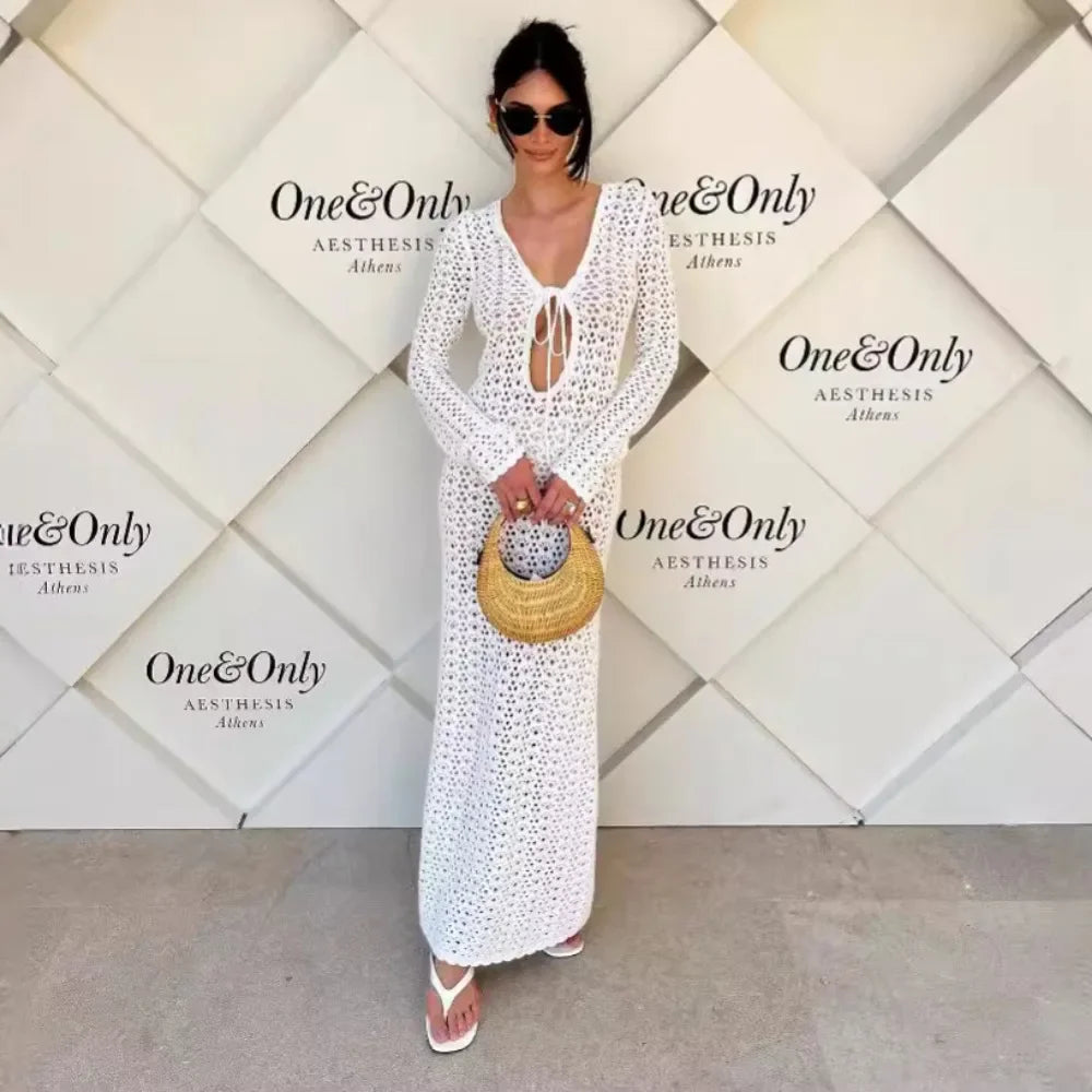 Vestido Longo de Tricot com Decote em V - Olívia Fios