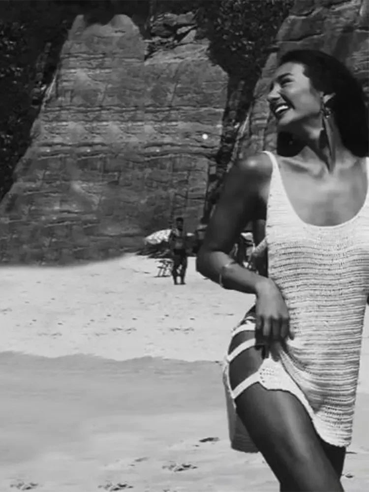 Feminino sexy u pescoço sem mangas malha listras horizontais lado cortar praia mini vestido 2025 verão beachwear maiô cobrir k90