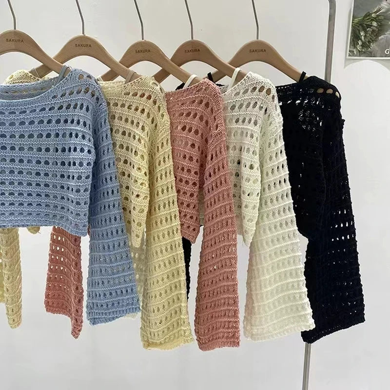 Manga longa crochê malha topo verão praia bikini cobrir colheita pulôver lã malhas blusa feminina férias boho outfit