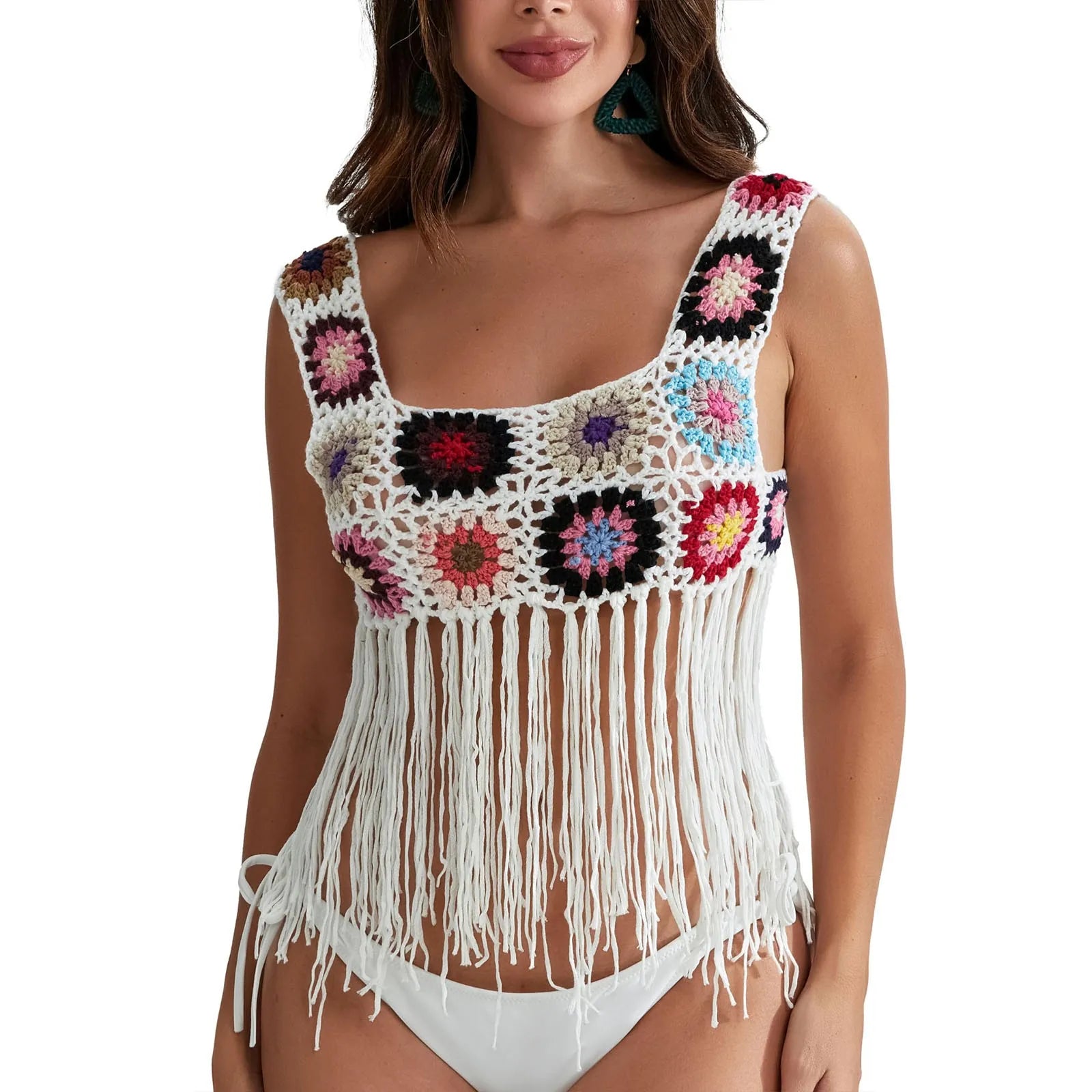 Mulheres Crochet Regata com Borlas, Cobertura de malha Ups, Bordado Floral Colorido, Camisola Boho Verão, Escavar Beachwear, Traf