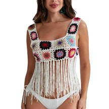 Mulheres Crochet Regata com Borlas, Cobertura de malha Ups, Bordado Floral Colorido, Camisola Boho Verão, Escavar Beachwear, Traf