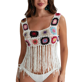 Mulheres Crochet Regata com Borlas, Cobertura de malha Ups, Bordado Floral Colorido, Camisola Boho Verão, Escavar Beachwear, Traf