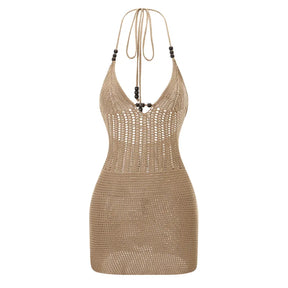 Hirigin feminino sem costas halter mini vestido casual verão malha crochê recorte bodycon vestido de festa para praia clube streetwear