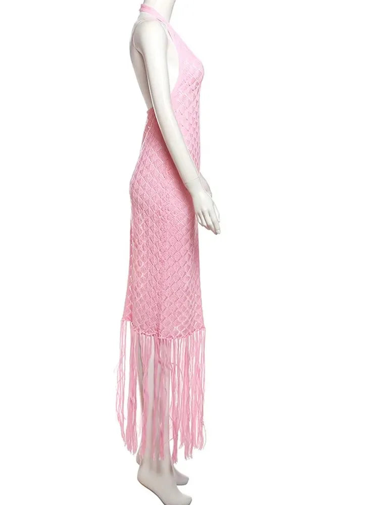 Vestido de Praia Crochet Com Franjas Olívia Fios