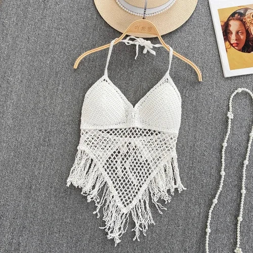 Borlas de malha oco para fora tanques camis para mulheres estilo bohemia hault sem mangas sexy femme espartilho colheita topos praia tanque camisolas