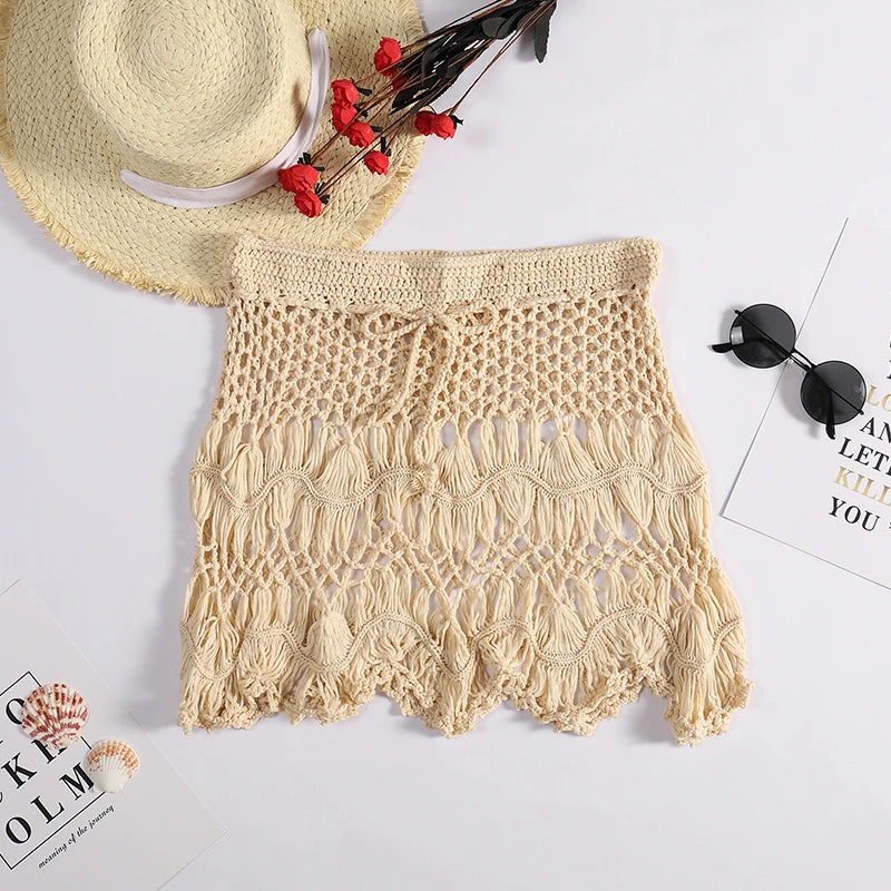 Feito à mão crochê oco para fora roupa de banho cobrir cor sólida cordão saia curta feminina férias tricô doce beachwear