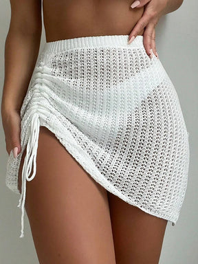 Moda e elegante saia curta festa na piscina com cordão vazado biquíni malha saia curta verão praia