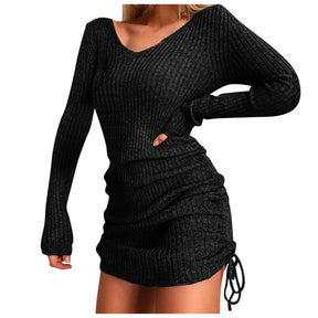 Outono camisola vestido para mulheres tricô sexy cordão plissado bodycon vestido curto com decote em v manga longa envolto hip mini vestido
