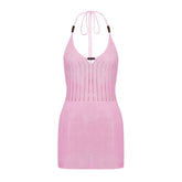 Hirigin feminino sem costas halter mini vestido casual verão malha crochê recorte bodycon vestido de festa para praia clube streetwear