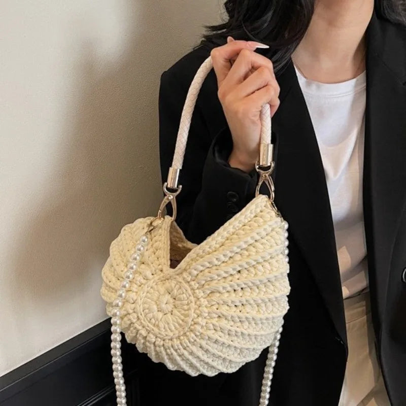 Criativo concha em forma de crochê feminino ombro sacos engraçado bonito pérolas correntes artesanal tecer crossbody saco novidade pequenas bolsas