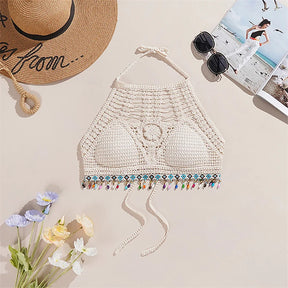 Estilo étnico boêmio Sexy malha Backless Curto Top feminino, Leve Crochet Hem Halter Bras, Escavar o Bustier, Crochê