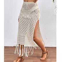 Saia sarong de malha para mulheres, fenda alta, encobrimento de borla, biquíni sexy, praia, férias, verão
