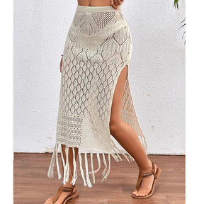 Saia sarong de malha para mulheres, fenda alta, encobrimento de borla, biquíni sexy, praia, férias, verão