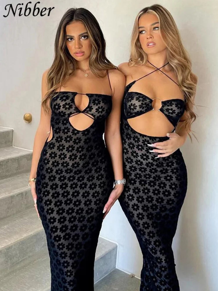 Nibber cor sólida pendurado pescoço maxi vestido sexy oco feminino perspectiva saco quadris robe feminino rua na moda vestidos roupas
