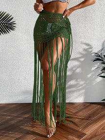Crochê borla bikini cobrir vestido de praia wear feminino amarrar banhista maiô borla saia longa maiô cobrir vestido de praia