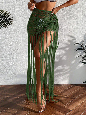 Crochê borla bikini cobrir vestido de praia wear feminino amarrar banhista maiô borla saia longa maiô cobrir vestido de praia