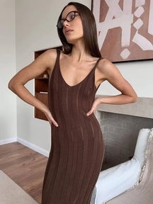 Trendix vestido de malha sem costas para mulheres, decote em v, slim, sem mangas, suspensório, maxi vestido, férias, sexy, praia, malha, elegante, vestido longo