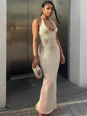 Bwq malha halter oco maxi vestido feminino rendas até sem costas cintura sexy bodycon estiramento sem mangas magro férias outfit 2025