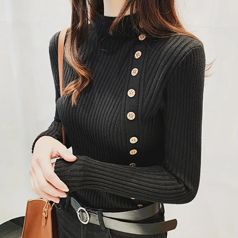 Mulheres de malha pulôveres de inverno 2024 moda manga longa branco preto suéteres gola alta roupas coreanas elegantes rosa senhoras topos