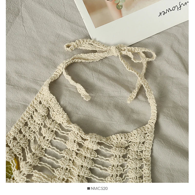 Crochet Crosia Bralette Top, Hollow-Out Halter pescoço, Openwork malha tanques, verão Camis, praia férias roupa