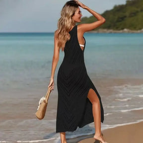 Suéter de malha feminino verão praia maxi vestido senhora sexy decote em u oco malha pulôver ver através casual vestidos de estilingue fino