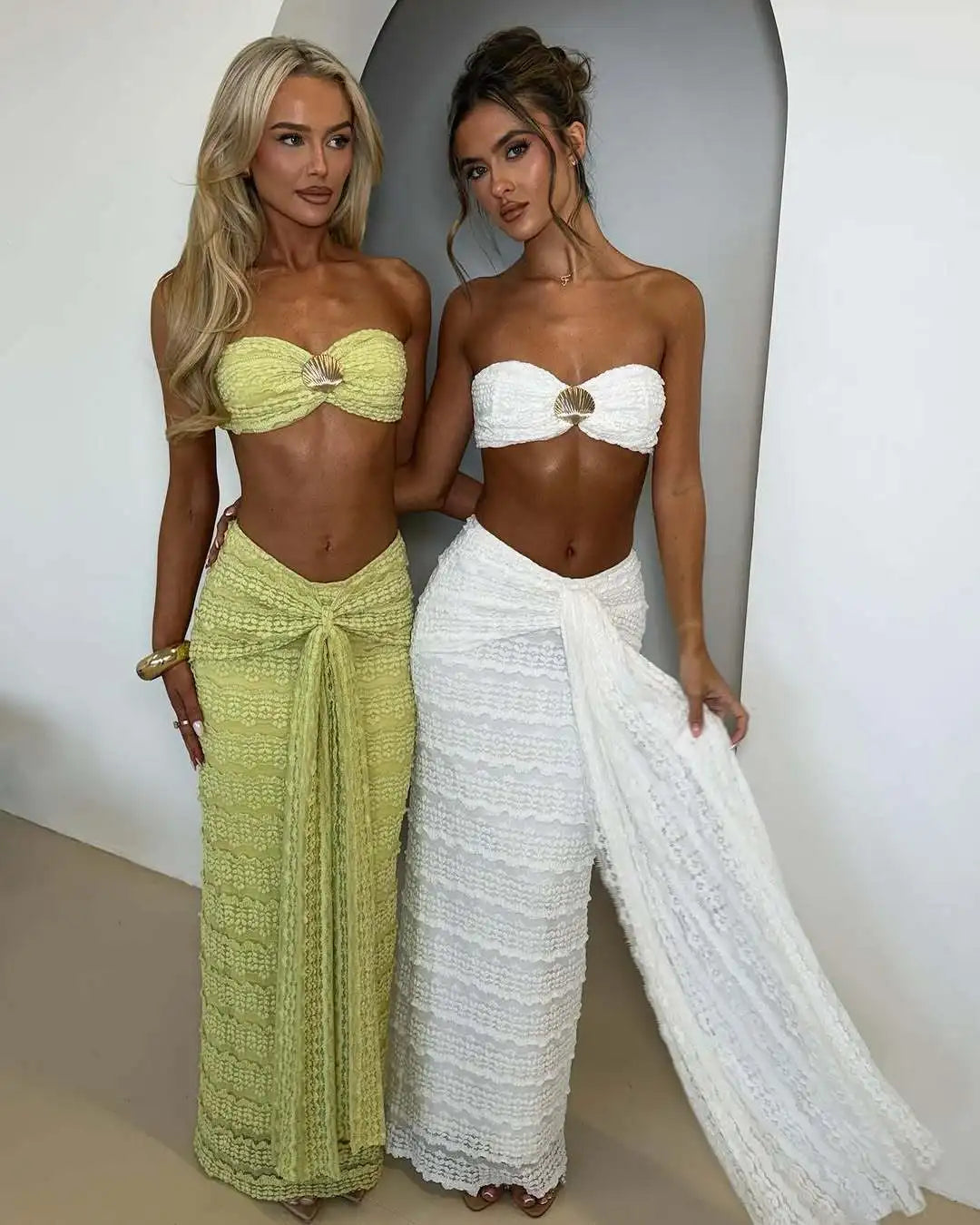 VEITCHE Fashion Women Lace Off Shoulder Bikini And Skirt Swimsuit Sexy Biquini Lady 2Pcs Set Swimwear Female Beachwear Outfits
